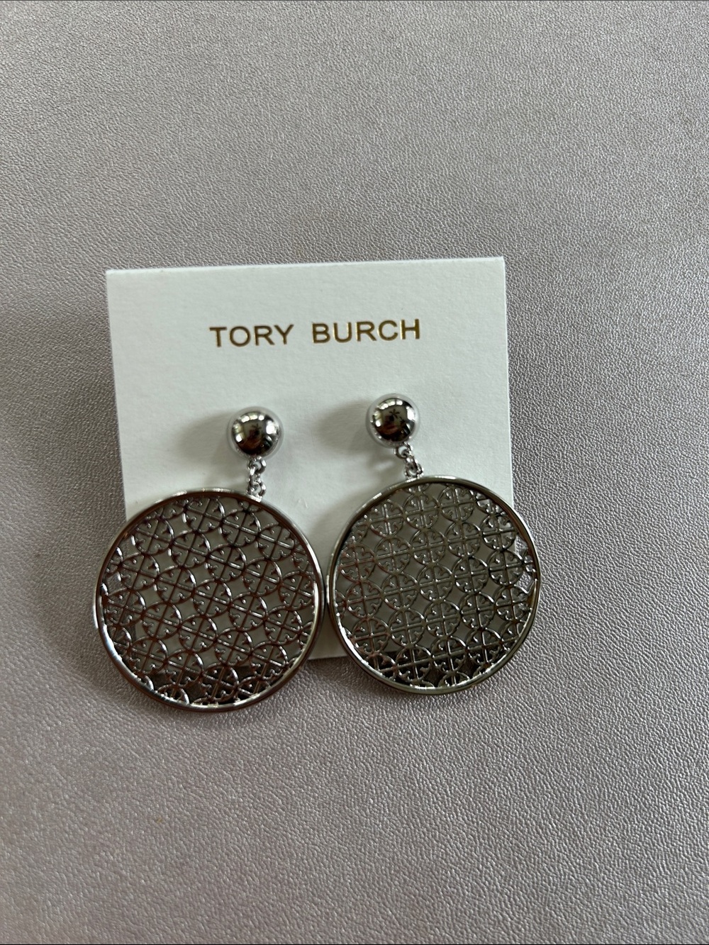 Tory Burch Polished Silver Round Filigree Drop Earrings
